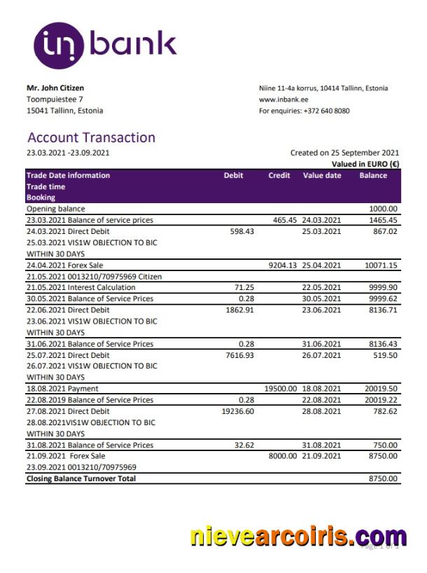 Estonia Inbank bank statement easy to fill in Excel and PDF format